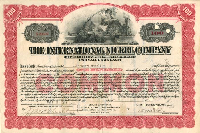 International Nickel Co. - 1900's dated Stock Certificate